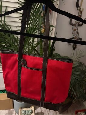 Red Canvas Tote with Black Leather Trim and Front Pocket